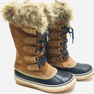 Brand New Sorel Winter Boots Brown and Blue Faux Fur Trim